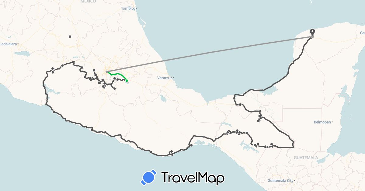 TravelMap itinerary: driving, bus, plane, motorbike in Mexico (North America)